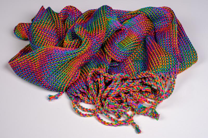Overview of handwoven shawl in echo weave wrapped in a bunch
